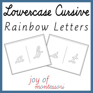This image displays two examples of lowercase cursive tracing letter sheets for young children.
