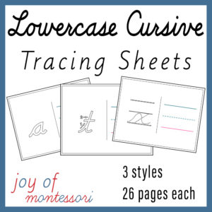 Image shows 3 examples of lowercase cursive tracing sheets: outlines, outlines with arrows, and dotted lines