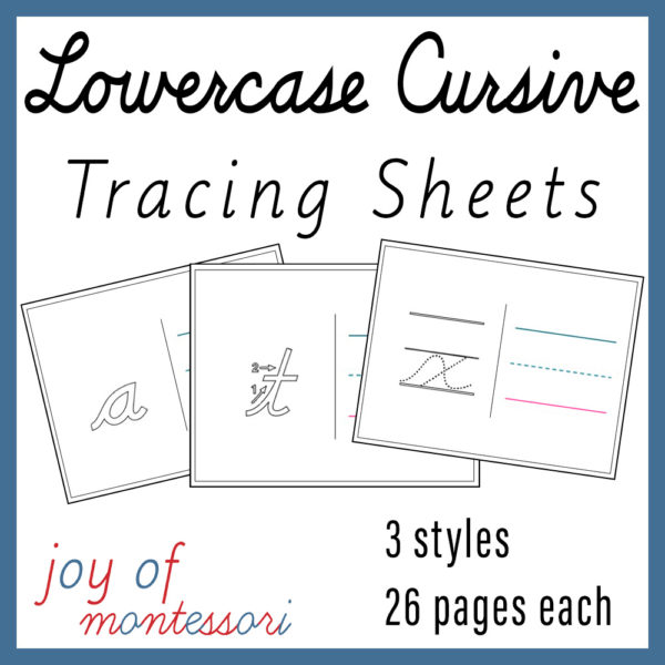 Image shows 3 examples of lowercase cursive tracing sheets: outlines, outlines with arrows, and dotted lines