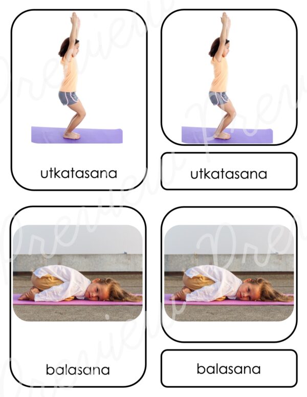 One image of a child standing tall with arms raised overhead, knees bent, and thighs parallel to the ground, in Utkasana yoga pose. The other image is of a child seated on their heels, with their torso resting on their thighs and arms extended in front of them, in Balasana yoga pose.