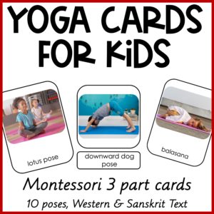 Examples of the design of yoga cards for kids using the Montessori 3 part card structure. 3 yoga poses are featured: lotus pose, downward dog, and child's pose.