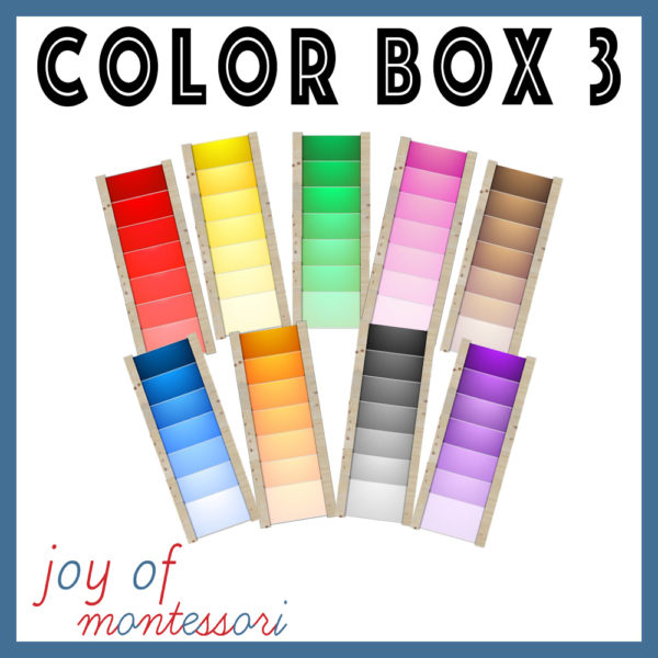 Cover demonstrating the gradation of 6 shades of 9 colors on Montessori Color Tablets Box 3.