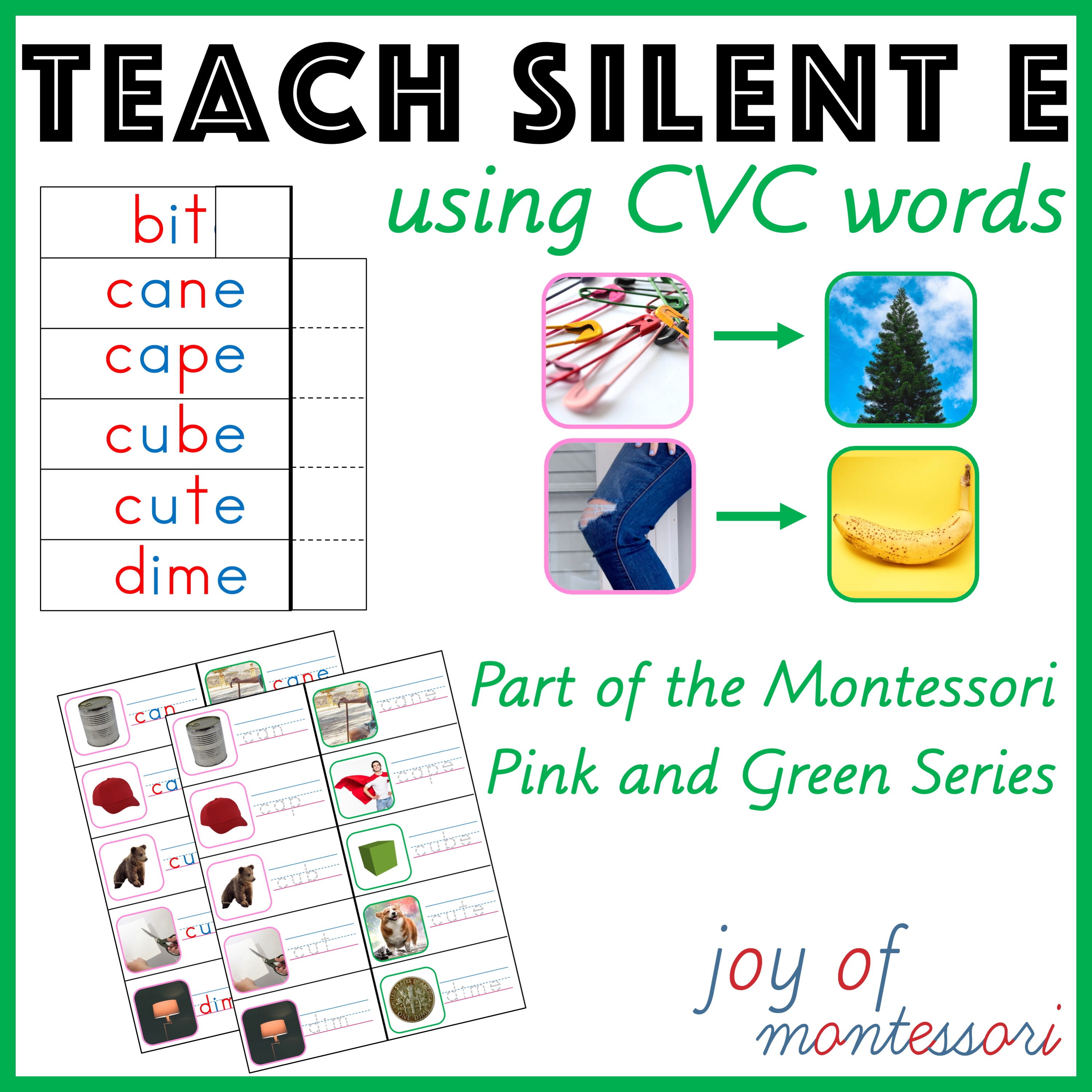 Cover images showing 3 types of products to teach final e to children.
