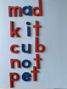 Image of 5 consonant vowel consonant, or CVC, words with short vowel sounds on a light blue background. Red and blue letters of the Montessori moveable alphabet used.