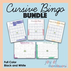 Cover image for a cursive bingo bundle featuring 5 versions of phonetic and sight word practice in cursive