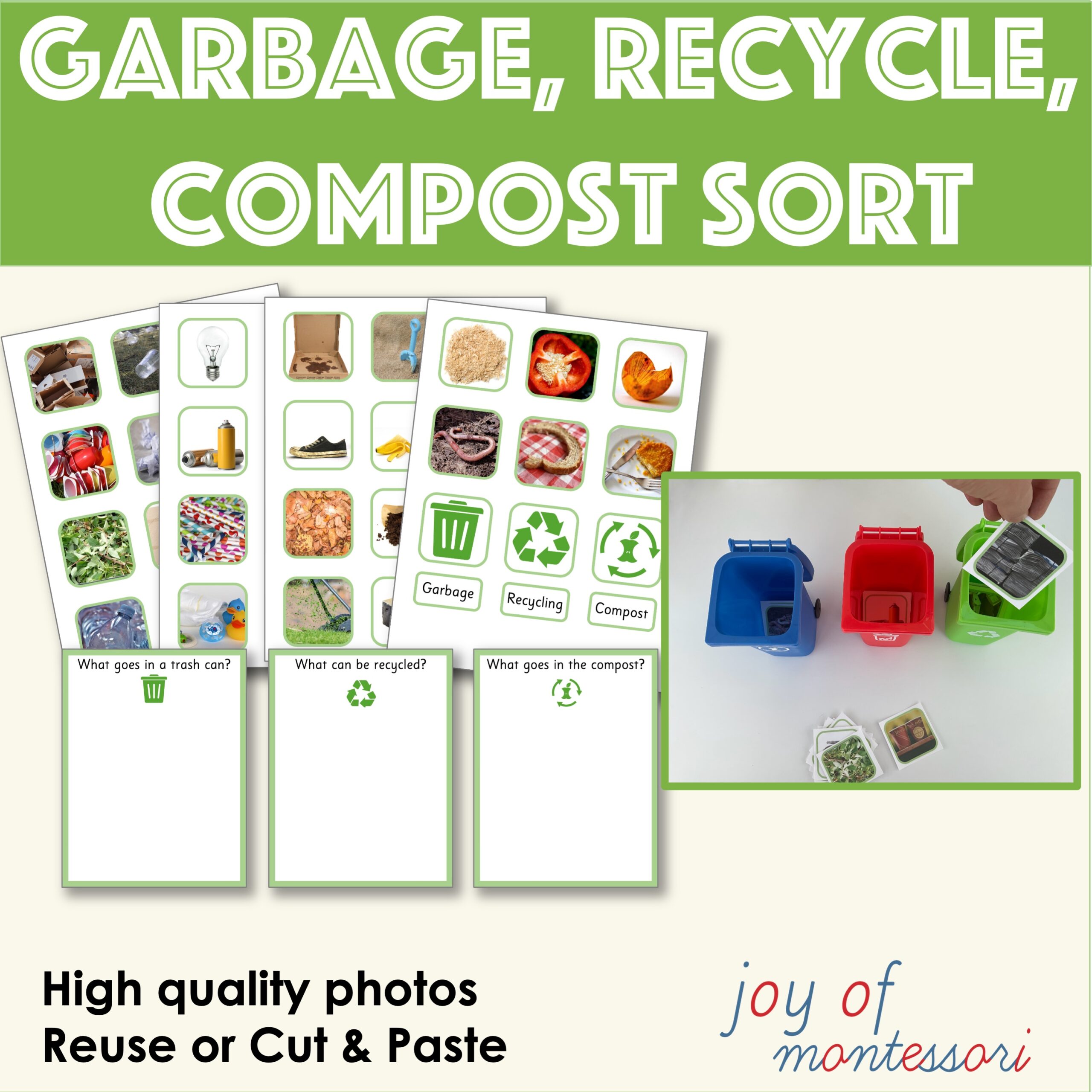 Garbage, Recycle, Compost Sorting Activity cover image with sheets of pictures, graphics, definitions, and instructions.