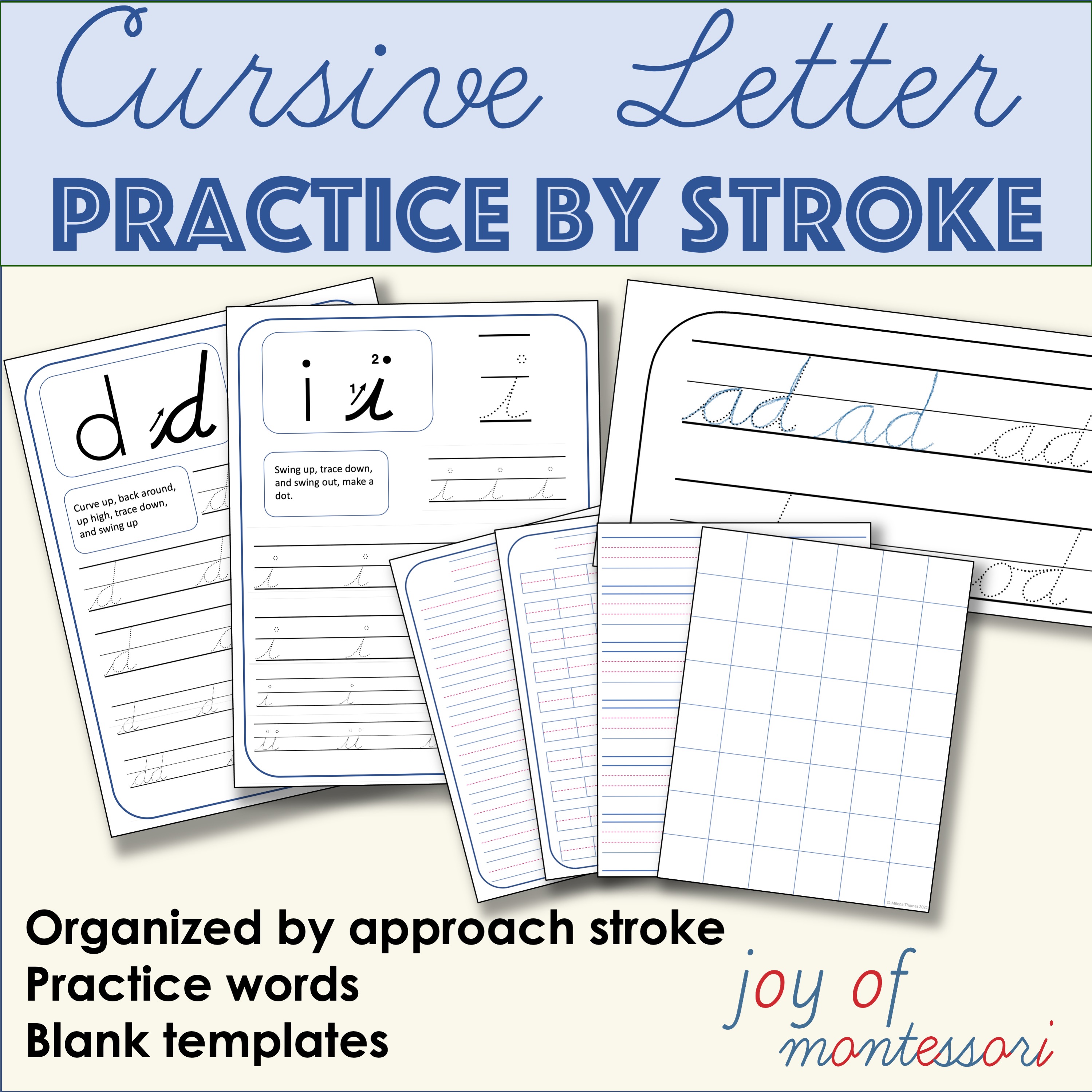 A close-up view of cursive tracing papers from the product, featuring lowercase letters of varying sizes and grouped by approach strokes.