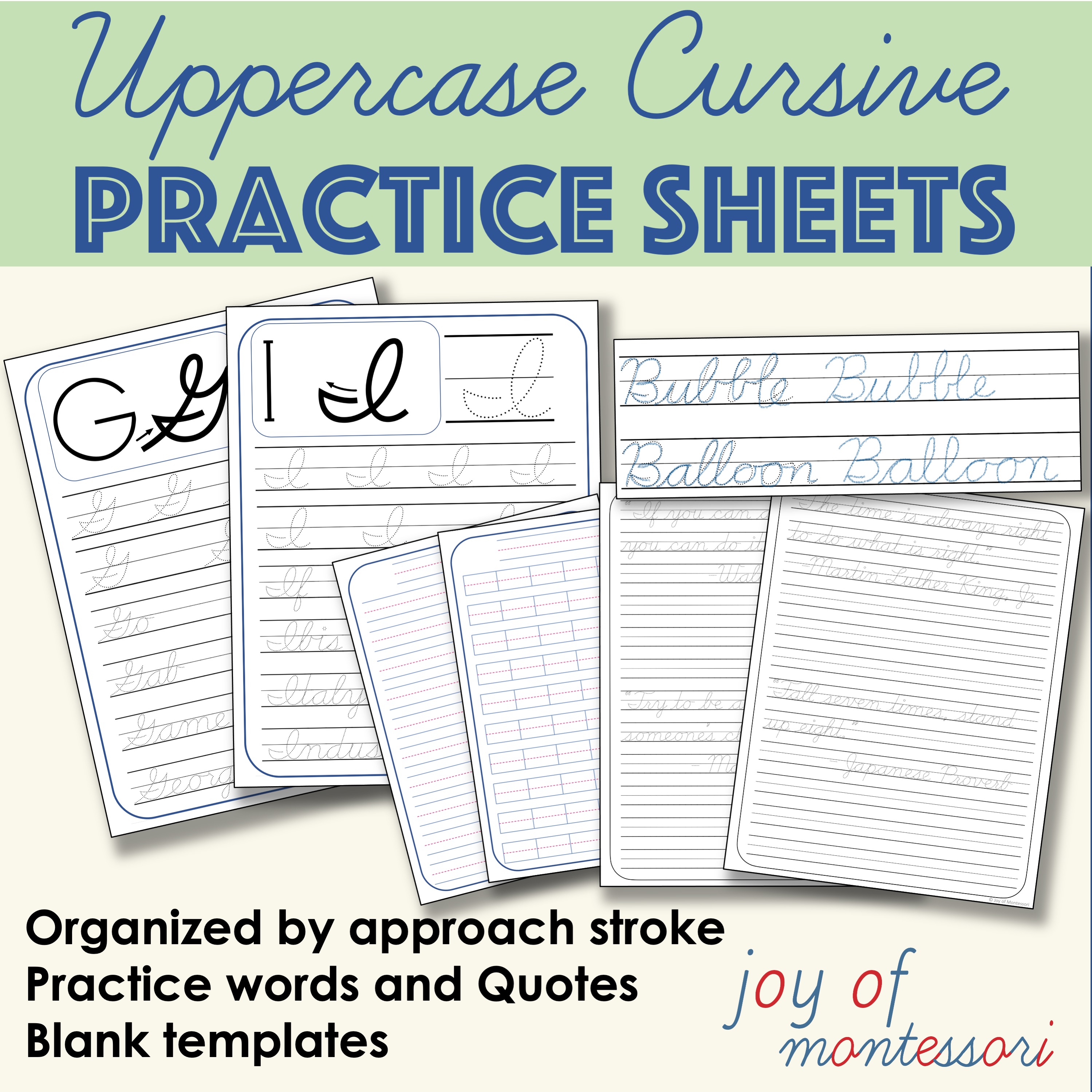 Uppercase Cursive Worksheets with Tracing Examples and Quotes for Practice