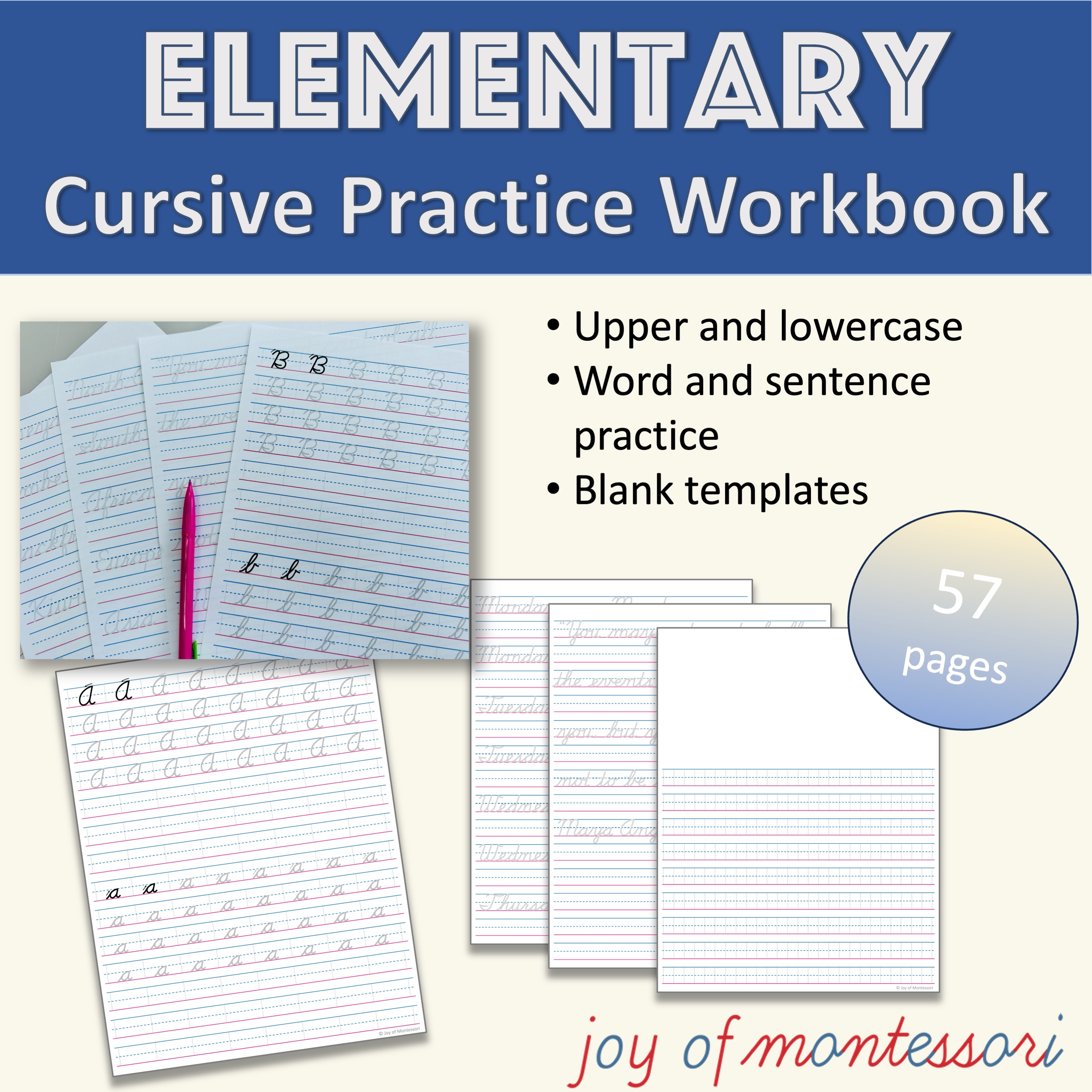 Cover of Elementary Cursive Workbook featuring images of sample pages with cursive practice exercises for uppercase and lowercase letters, common words, and connected writing practice.