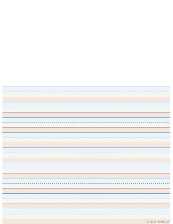 Blank handwriting template page with blue, green, and brown lines labeled 'sky, grass, ground' to help students properly place and size letters. One of 8 unique templates in the workbook